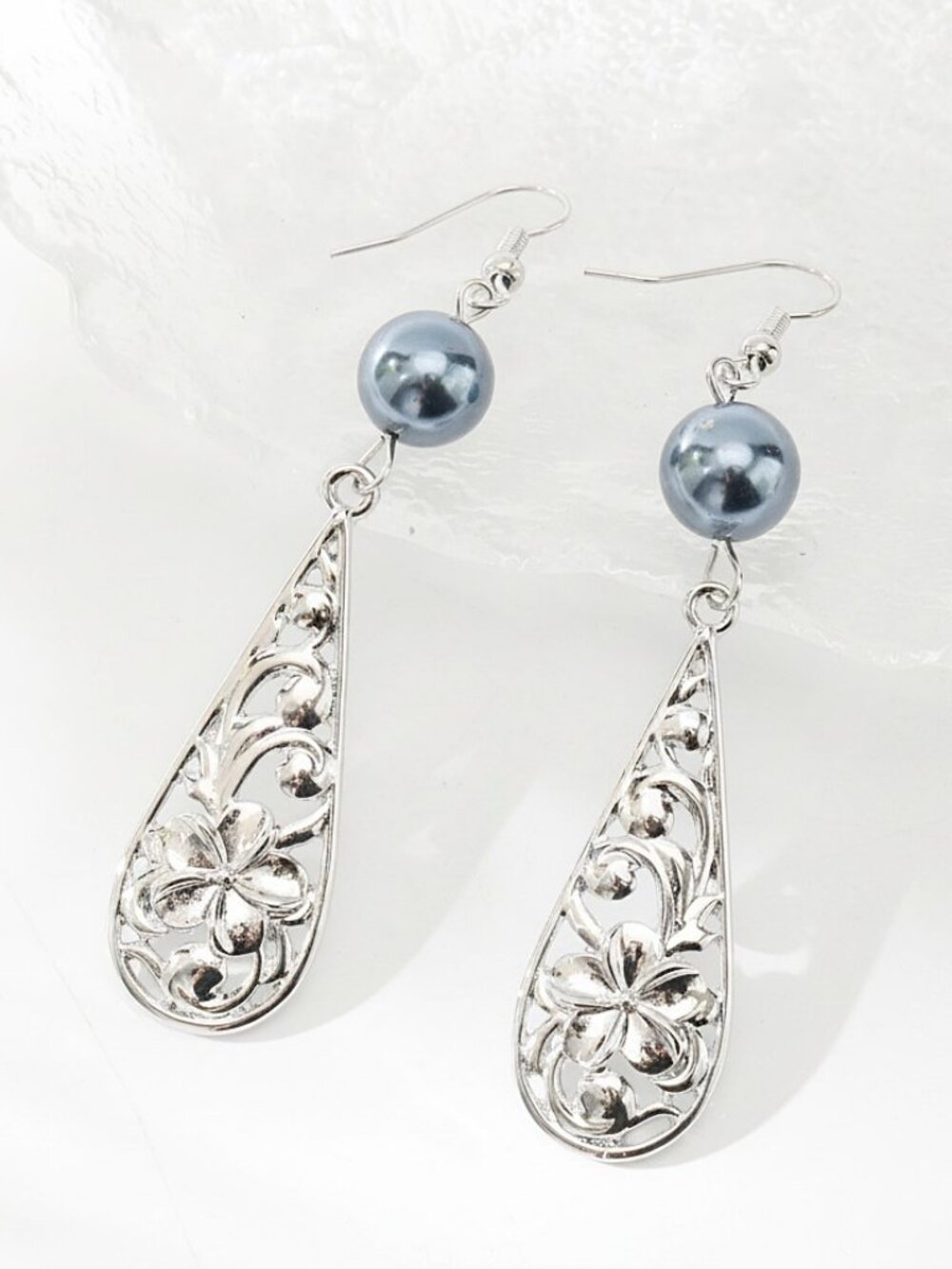 Silver Hawaiian Plumeria Teardrop Pearl Earrings